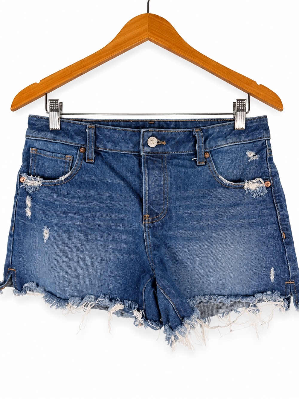 Express size 6 boyfriend midi low rise dark fringe cut off jean shorts